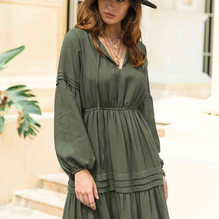 Tie Neck Long Sleeve Midi Tiered Dress