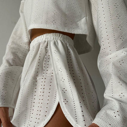 Eyelet Round Neck Top and Shorts Set