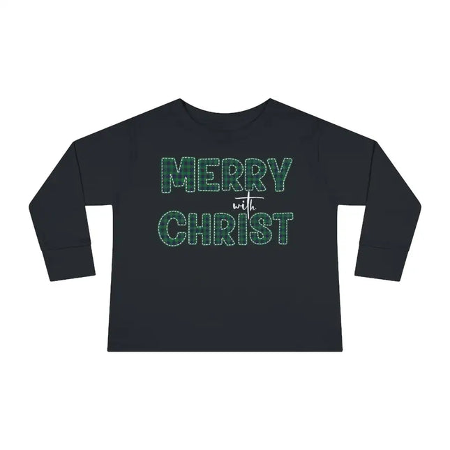Long Sleeve Graphic T-Shirt for Toddlers, Merry With Christ, Green Plaid Christmas Holiday Pattern Print