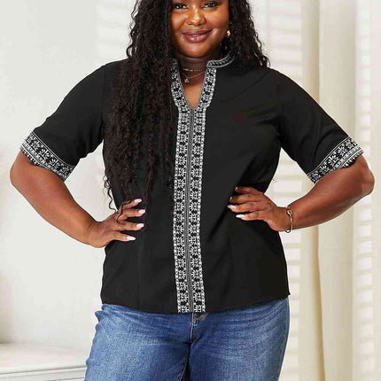 Double Take Embroidered Notched Neck Top - Vickie Lynn's