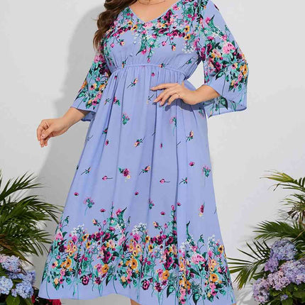 Plus Size Floral V-Neck Three-Quarter Sleeve Midi Dress