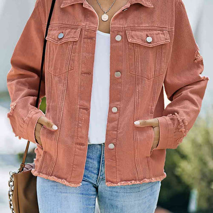 Distressed Raw Hem Denim Jacket - Vickie Lynn's