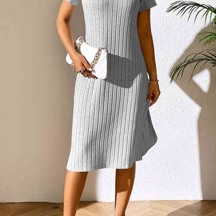 Ribbed Asymmetrical Neck Short Sleeve Dress