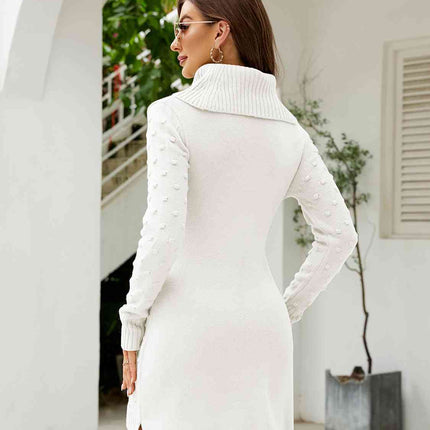 Turtleneck Long Sleeve Slit Sweater Dress