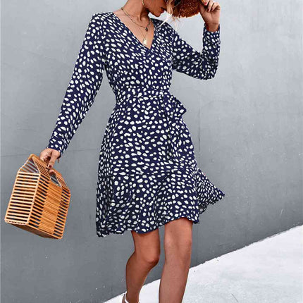 Printed V-Neck Tie Belt Ruffle Hem Mini Dress