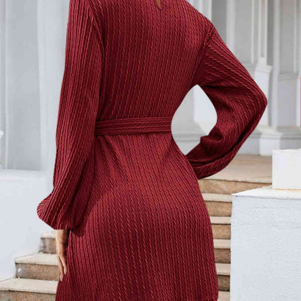 Round Neck Tie Front Long Sleeve Dress