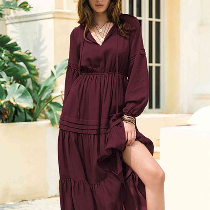 Tie Neck Long Sleeve Midi Tiered Dress