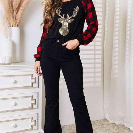 Heimish Full Size Sequin Reindeer Graphic Plaid Top