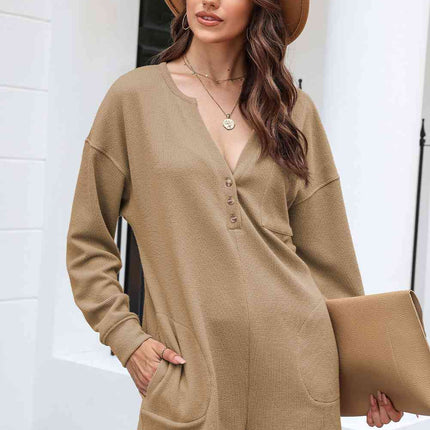 Notched Neck Long Sleeve Romper