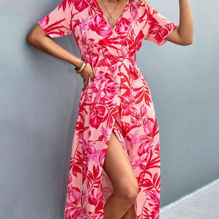 Floral Print High Slit Surplice Neck Tie Waist Midi Dress