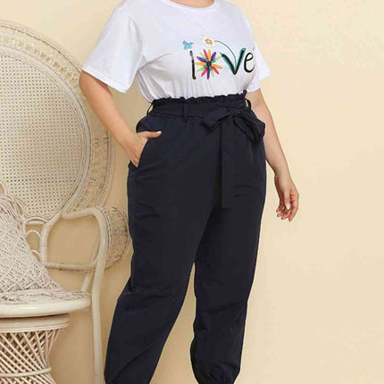 Graphic Tee and Belted Paperbag Joggers Set