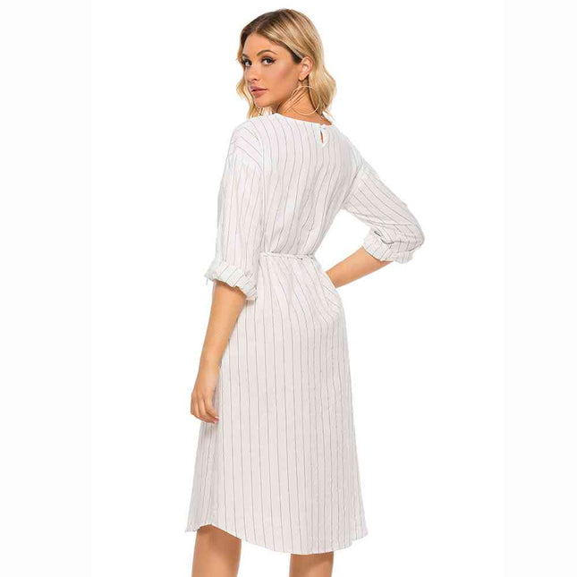 Pinstripe Tie Waist Round Neck Dress