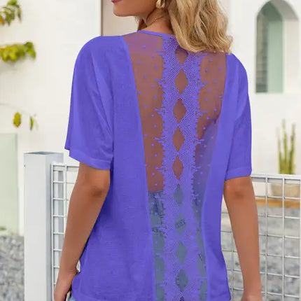 Women's Simple Sexy Hollow Lace Stitching Round Neck Short Sleeve T-shirt