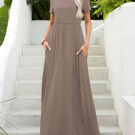 Round Neck Short Sleeve Maxi Dress with Pockets