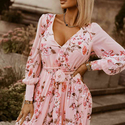 Floral Tie Belt Bishop Sleeve Slit Maxi Dress