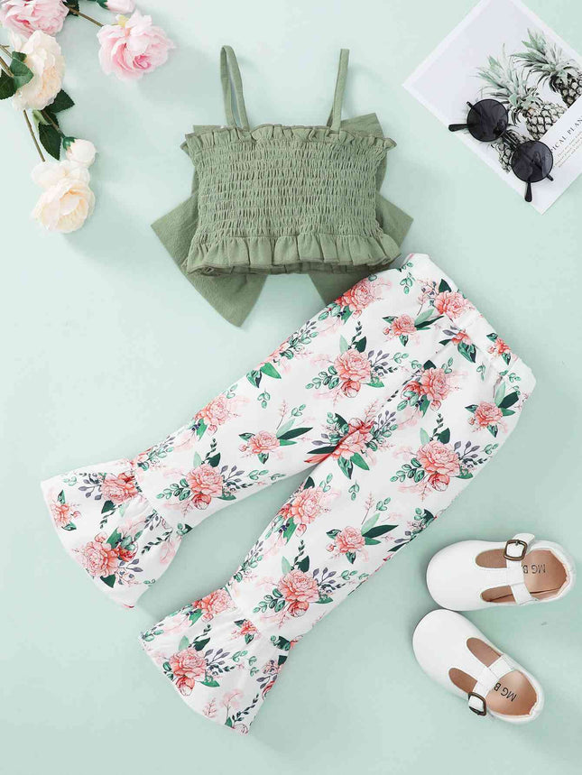 Girls Bow Detail Cami and Floral Flare Pants Set