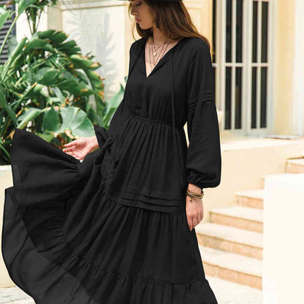Tie Neck Long Sleeve Midi Tiered Dress