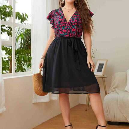 Plus Size Floral Surplice Neck Flutter Sleeve Dress - Vickie Lynn's