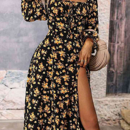 Square Neck Printed Slit Dress