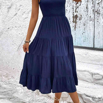 Tie-Shoulder Tiered Midi Dress