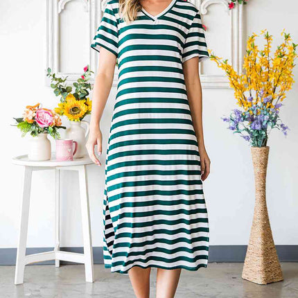 Striped V-Neck Short Sleeve Side Slit Dress