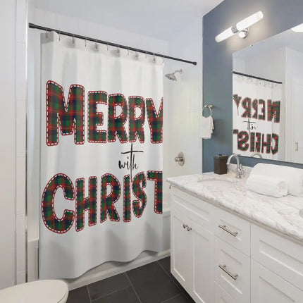 Home Decor, Fabric Shower Curtain - Waterproof, Merry With Christ, Red And Green Plaid Christmas Holiday Pattern Print