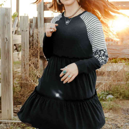 Mixed Print Frill Trim  Long Sleeve Dress