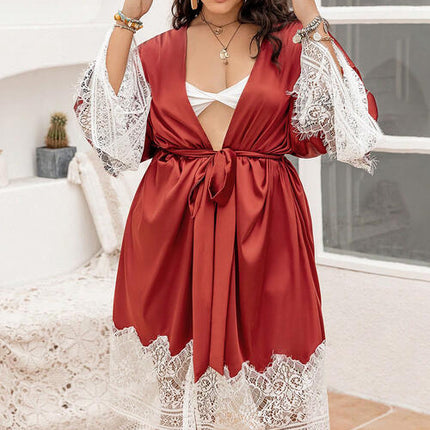 Plus Size Lace Patchwork Tie Front Robe - Vickie Lynn's