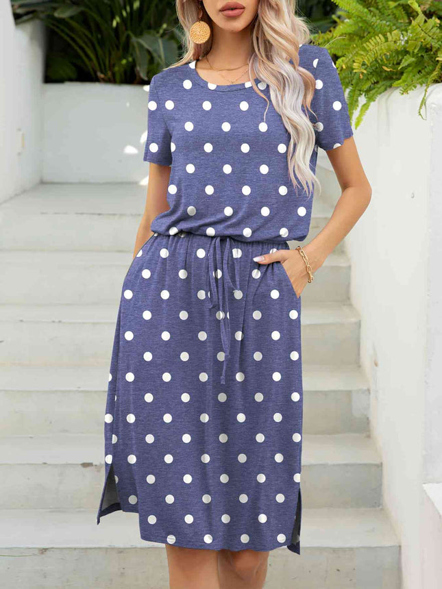 Round Neck Short Sleeve Slit Dress with Pockets - Vickie Lynn's