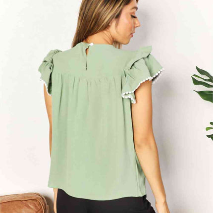 Double Take Pleated Detail Flutter Sleeve Blouse