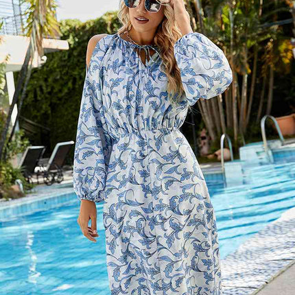 Printed Tie Neck Cutout Balloon Sleeve Dress