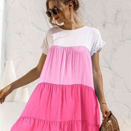 Color Block Round Neck Ruffle Hem Dress