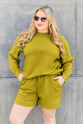Double Take Full Size Texture Long Sleeve Top and Drawstring Shorts Set - Vickie Lynn's