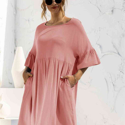 Boat Neck Flounce Sleeve Knee-Length Dress