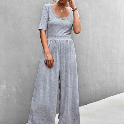 Scoop Neck Half Sleeve Wide Leg Jumpsuit
