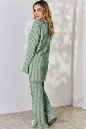 Basic Bae Full Size Ribbed High-Low Top and Wide Leg Pants Set - Vickie Lynn's