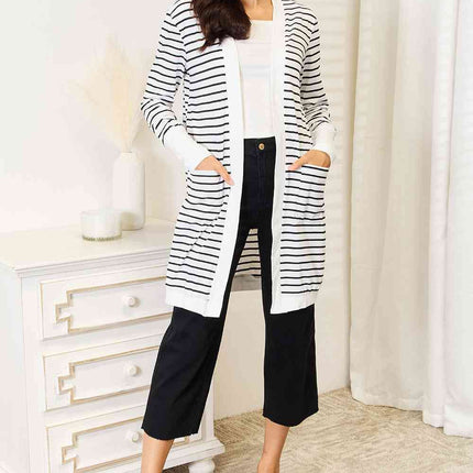 Double Take Striped Open Front Longline Cardigan - Vickie Lynn's