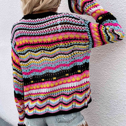 Chevron Stripes Openwork Cardigan