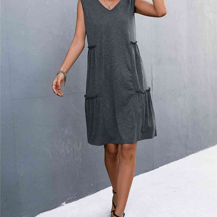 V-Neck Frill Trim Sleeveless Dress