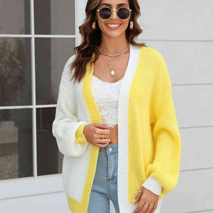 Open Front Contrast Color Balloon Sleeve Cardigan
