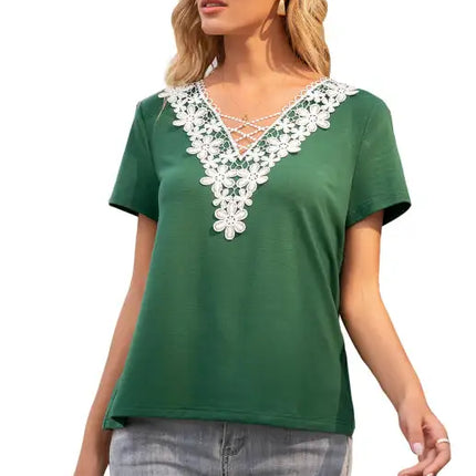 Women's Sexy Deep V Neck Cutout Lace Panel T-Shirt