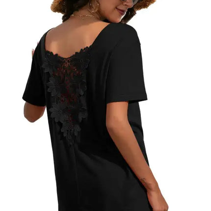 Camiseta casual de manga corta con cuello en V y encaje para mujer 