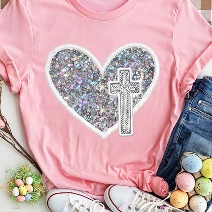 Sequin Heart Round Neck Short Sleeve T-Shirt
