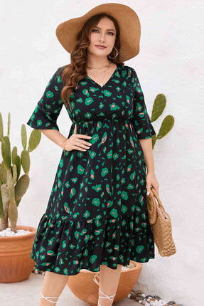 Plus Size Printed Flare Sleeve V-Neck Dress