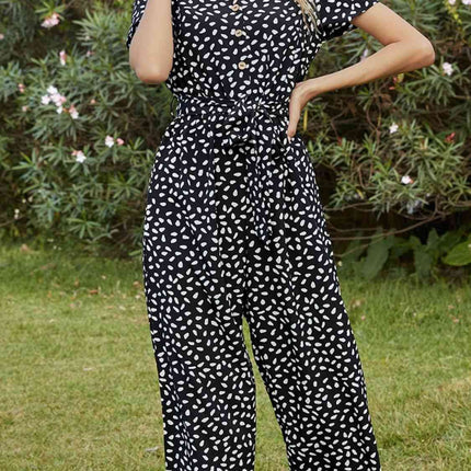 Printed V-Neck Short Sleeve Jumpsuit