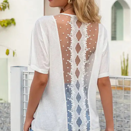 Women's Simple Sexy Hollow Lace Stitching Round Neck Short Sleeve T-shirt