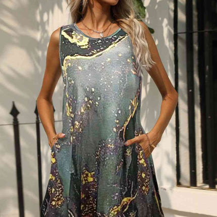 Abstract Print Round Neck Sleeveless Dress with Pockets