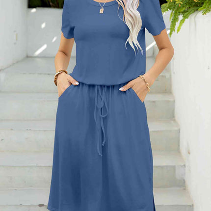 Round Neck Short Sleeve Slit Dress with Pockets