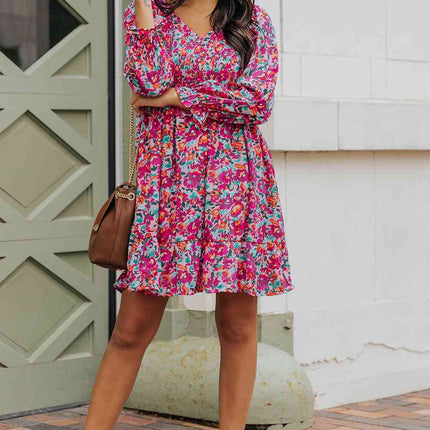 Floral Smocked V-Neck Flounce Sleeve Dress