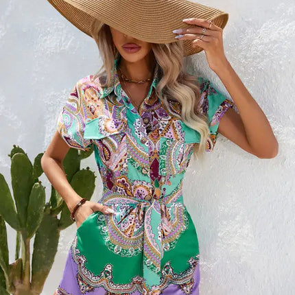 Summer ethnic style printed short-sleeved shorts jumpsuit